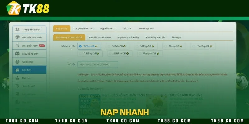 Thực hiện nạp tiền nhanh thông qua 2 kênh ngân hàng BIDV và Techcombank